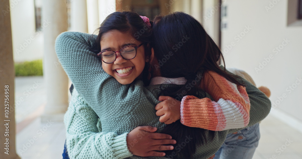 Sticker Children, excited and parent at school for hug, goodbye and relationship development. Kids, happy and embrace mom at Montessori with energy, education and students in hallway with support and love