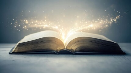 Glowing light floats out of an open book, symbolizing the future of knowledge through technology, on a clean white background.