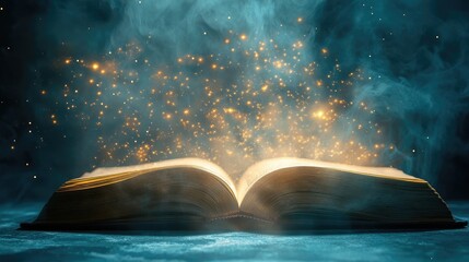 Light floats out of an open book, representing the fusion of technology and knowledge, isolated on a minimal background.