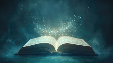 Open book emitting a soft, floating light, representing futuristic technology and knowledge on a simple, minimal background.