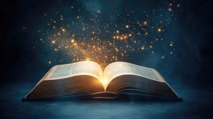 Open book with a soft, glowing light floating out, symbolizing the integration of technology and knowledge, isolated on a simple background.