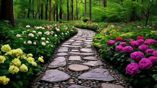 Stone path with flowers in forest 