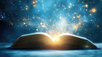 Open book with radiant light floating above, symbolizing the fusion of futuristic technology and education, set against a clean background.