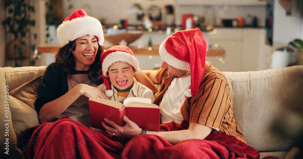 Canvas Prints Christmas, family and laugh on sofa with book, funny storytelling and joking together. Parents, child and happy in home with novel, reading humor and excited at festive season with comedy on couch