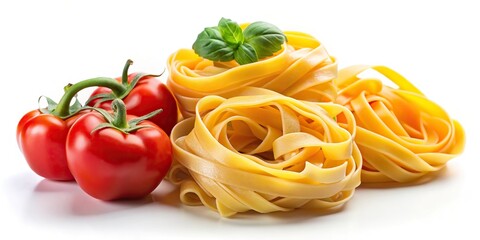 Close-up of pasta tagliatelle with tomato and bell pepper sauce isolated on white background