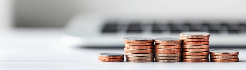 Close-up of stacked coins representing savings and financial growth, with a laptop in the background for a modern business feel.