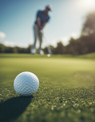  Close-up of a golf ball poised on manicured grass, ready for a shot.