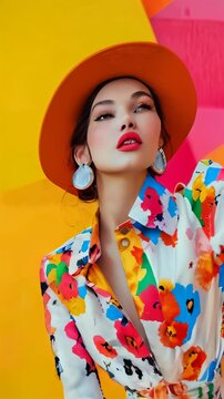 A beautiful girl in a bright outfit on an abstract background.
