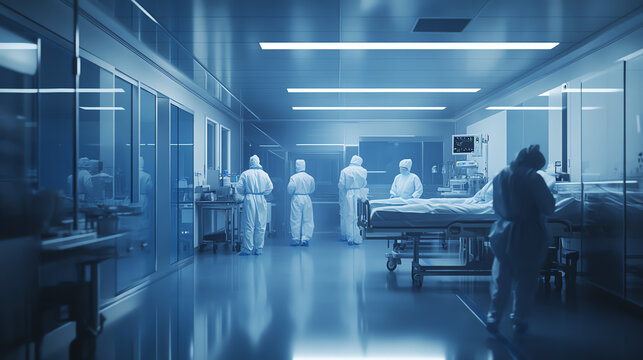 A front view of an isolation room in a hospital, with medical staff attending to a quarantined patient