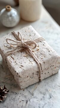 A simple gift box tied with a rope on a light background.