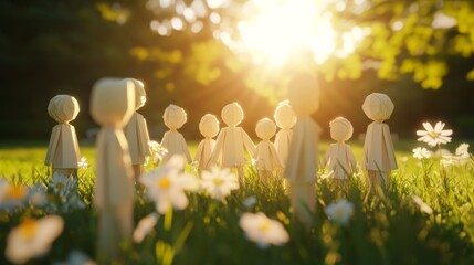 Wooden figures gathering in sunlight among flowers, creating a serene scene of nature and connection in the park.