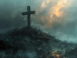 Fototapeta premium Stone Cross on a Hilltop in a Stormy Sky