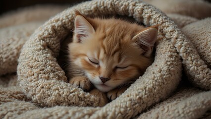 Tiny Kitten in a Warm Blanket: Fluffy and Calm, Enjoying a Cozy Sleep