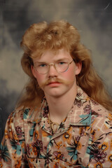 people of ai // yearbook school photo of an unattractive man with long hair and a short mustache wearing glasses, floral shirt, photorealistic