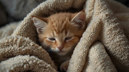 Tiny Kitten in a Warm Blanket: Fluffy and Calm, Enjoying a Cozy Sleep