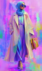 Fototapeta premium Woman in hijab, sunglasses, and white coat walking.