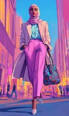 Obraz premium Stylish woman walks city street with handbag.