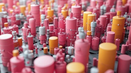 Abstract 3D rendering of interconnected pink, orange, and gray cylindrical structures, resembling a futuristic cityscape or industrial model.