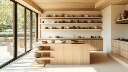 A tranquil Japandi kitchen featuring minimalistic wood cabinetry