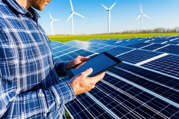 Farmer using a tablet to monitor solar panels and wind turbines in a renewable energy field