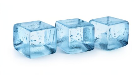 Obraz premium Three blue ice cubes with bubbles, ideal for cooling drinks.