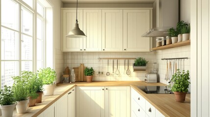 An airy Japandi kitchen with white cabinetry