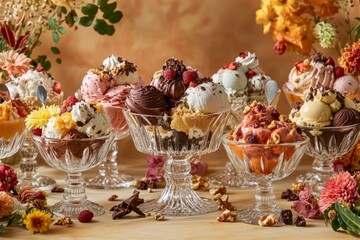 Naklejka premium Delicious Ice Cream Spreads in Elegant Bowls – Enjoy Colorful Flavors and Toppings in a Cozy Setting