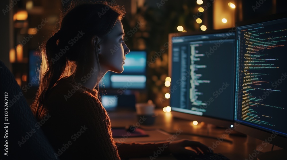 Poster woman coding at night with multiple monitors displaying code