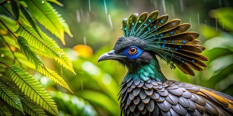 Obraz premium Majestic Umbrella Bird Displaying Its Unique Plumage in Lush Tropical Forest Environment