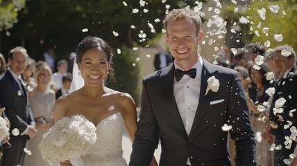 A joyful couple walks down the aisle, surrounded by friends and family, as flower petals rain down in celebration of their wedding day.