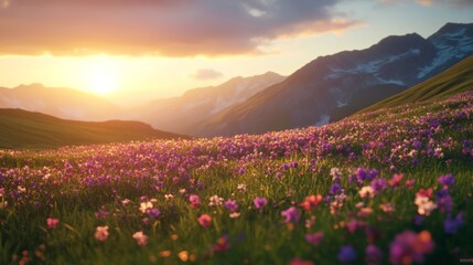 Fototapeta premium Breathtaking Landscape of Colorful Flowers Under a Glowing Sunset in the Mountains