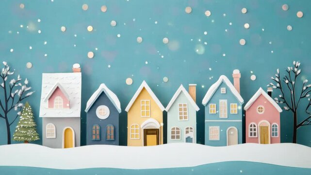 Decorative paper houses with snow-covered roofs and warm facades, winter holiday scene