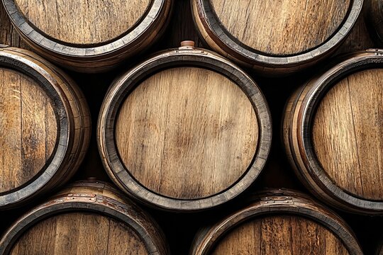Wine barrels are neatly stacked, showcasing the craftsmanship and natural beauty of the wood grain, creating an inviting and rustic ambiance