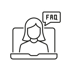Woman on Video Call Line Icon with FAQ Bubble for Online Support and Communication. Virtual Customer Support Services Outline Symbol. Editable Stroke. Isolated Vector Illustration