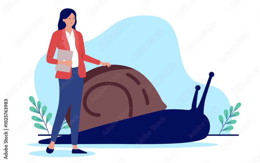 Aufkleber Slow work progress - Businesswoman standing with snail moving very slowly forward with lack of progress and boring job with no progress in career and business. Flat design vector illustration