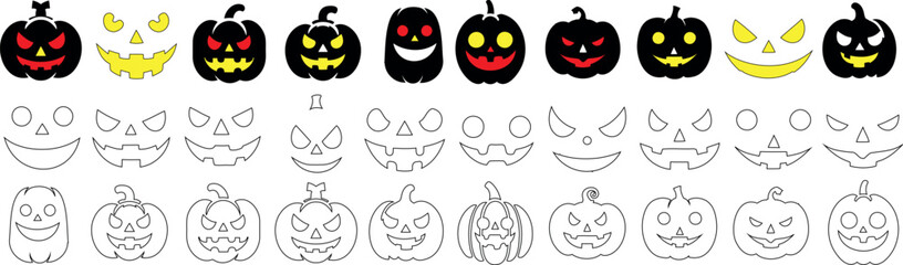 hand drawn halloween pumpkin vector, spooky jack o lantern faces vector clipart outline set, variety, scary expressions styles for horror theme illustration and Halloween decorations, festive design