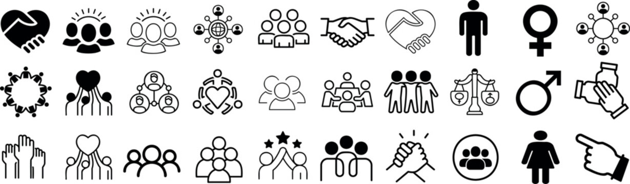 gender equality, community teamwork, diversity and collaboration Icon set, inclusion, partnership, human connection, justice, and unity for social issues, human rights, equality, gender roles, teamwor