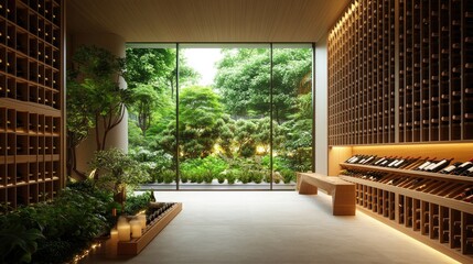 An elegant Japandi-style home wine cellar with a wooden racking system