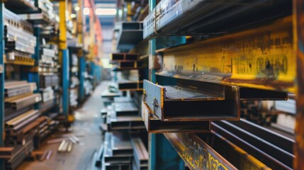 Metal Beams Stacked on Shelves in a Warehouse