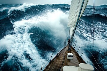 Sailboat sails through rough seas with a huge wave forming. Stormy weather adds drama to the scene. Blending blue and white hues of water and sky. Adventure and challenge are captured in this image