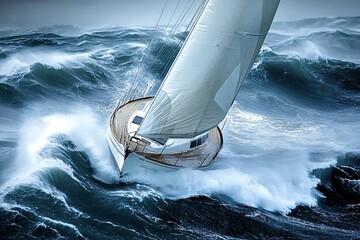 Sailboat braves a stormy sea with huge waves and dramatic sky, sailing determinedly. The image captures the thrilling adventure of yachting in challenging conditions