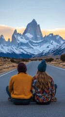 Fototapeta premium Two women are sitting on the side of a road, wearing hats and jackets