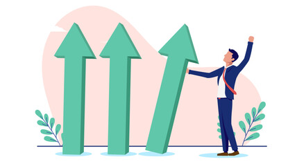 Creating success in business - Businessman person standing with green arrow pointing up to success and growth in a row. Flat design vector illustration with white background