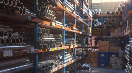 Stacked Metal Pipes in a Warehouse Storage Unit
