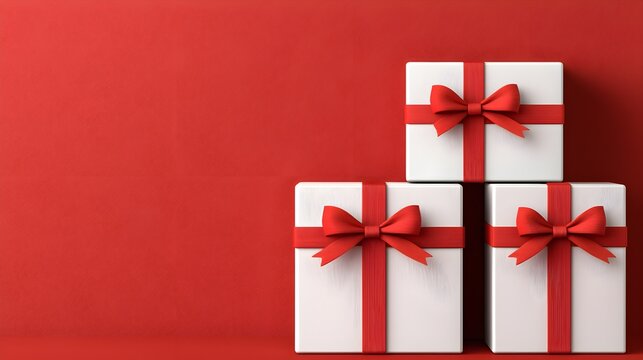 Elegant white gift boxes with red ribbons on a vibrant backdrop
