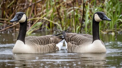 Obraz premium Two Canada geese swim in a pond with their heads turned to the side, looking alert and curious.