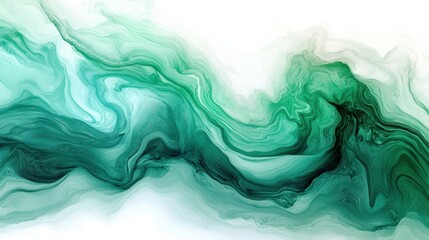 Abstract swirling green and teal patterns create a fluid, artistic design.