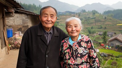 Naklejka premium An elderly couple smiles together outdoors with a scenic mountainous backdrop, showcasing their joy and connection to nature.