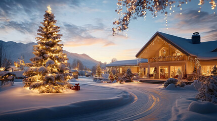 picturesque snowy outdoor scene featuring warmly lit Christmas tree, surrounded by charming house adorned with festive lights. serene winter landscape evokes sense of holiday joy and warmth