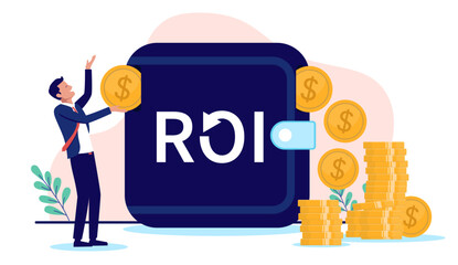 Return on investment and savings - Businessman person putting money and savings in wallet, investing and having great benefits and returns, making money and passive income. Flat design vector graphic